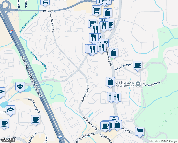 map of restaurants, bars, coffee shops, grocery stores, and more near 102 Wynnes Ridge Circle in Marietta