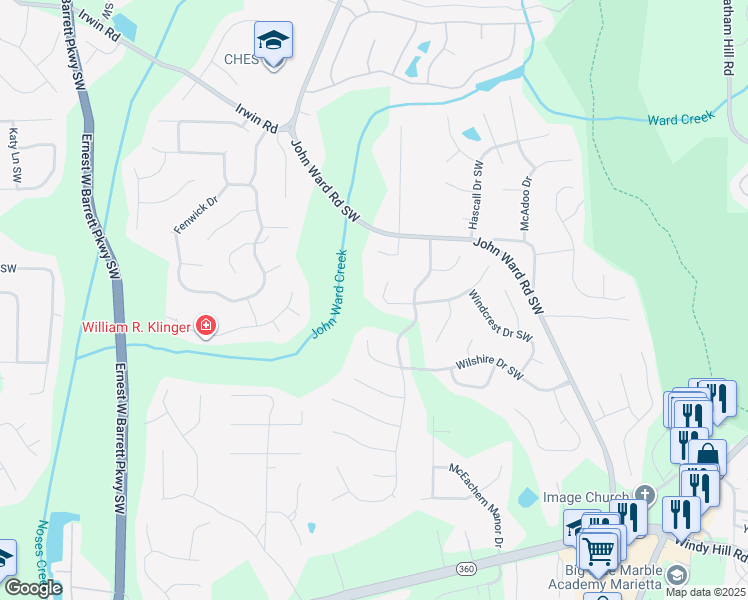 map of restaurants, bars, coffee shops, grocery stores, and more near 2109 Breconridge Drive South West in Marietta