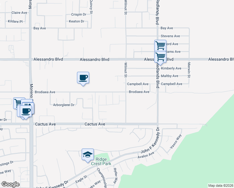 map of restaurants, bars, coffee shops, grocery stores, and more near 14279 Blue Bonnet Lane in Moreno Valley