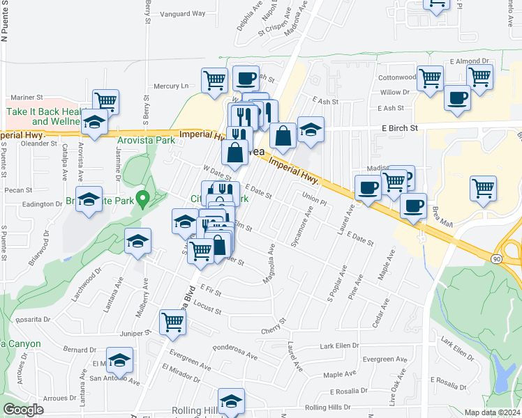 map of restaurants, bars, coffee shops, grocery stores, and more near 421 South Flower Avenue in Brea