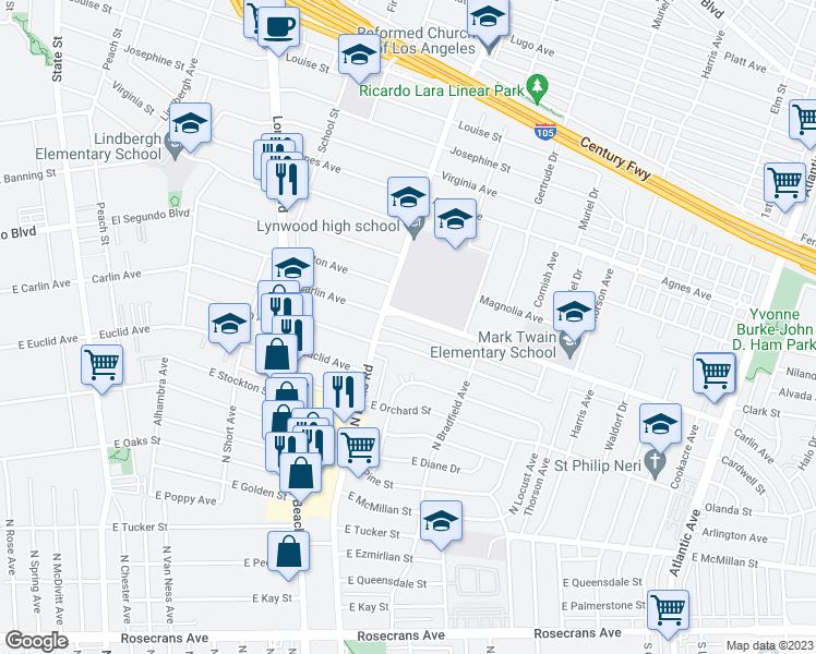 map of restaurants, bars, coffee shops, grocery stores, and more near 3720 Carlin Avenue in Lynwood