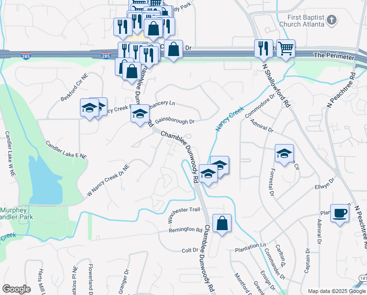 map of restaurants, bars, coffee shops, grocery stores, and more near 1867 Preserve Way in Atlanta
