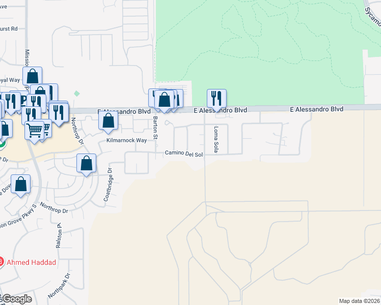 map of restaurants, bars, coffee shops, grocery stores, and more near 14190 El Paseo Road in Riverside
