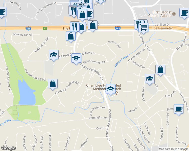 map of restaurants, bars, coffee shops, grocery stores, and more near 4175 Mansion Way in Atlanta