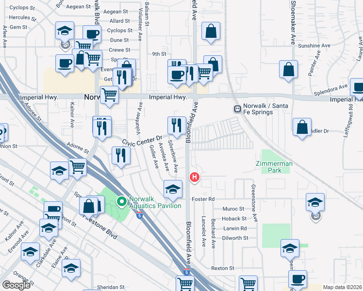 map of restaurants, bars, coffee shops, grocery stores, and more near 12525 Katy Street in Norwalk