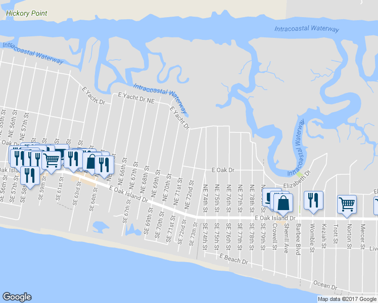 map of restaurants, bars, coffee shops, grocery stores, and more near 212 Northeast 71st Street in Oak Island