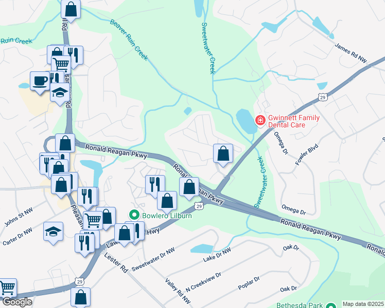 map of restaurants, bars, coffee shops, grocery stores, and more near 50 West Meadowlark Lane in Lawrenceville
