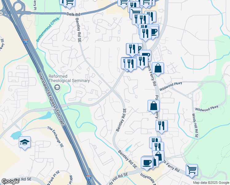 map of restaurants, bars, coffee shops, grocery stores, and more near 1607 Turnberry Lane in Marietta