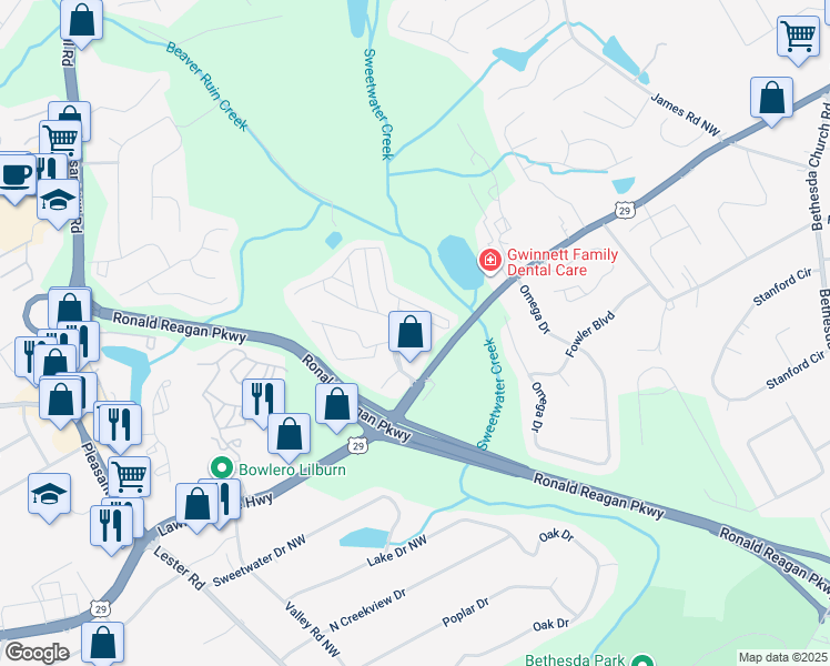 map of restaurants, bars, coffee shops, grocery stores, and more near 17 East Meadowlark Lane in Lawrenceville