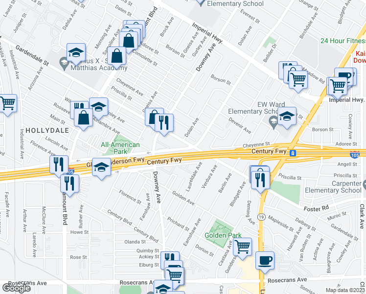 map of restaurants, bars, coffee shops, grocery stores, and more near 8356 Gardendale Street in Paramount