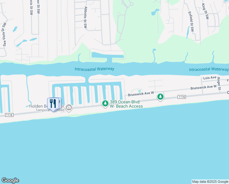 map of restaurants, bars, coffee shops, grocery stores, and more near 119 Lumberton Street in Holden Beach
