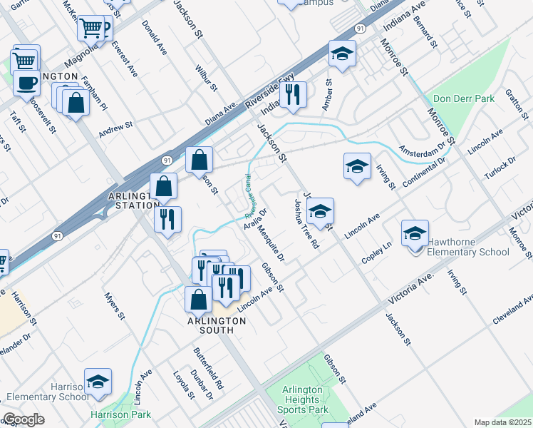 map of restaurants, bars, coffee shops, grocery stores, and more near 3070 Hoya Place in Riverside