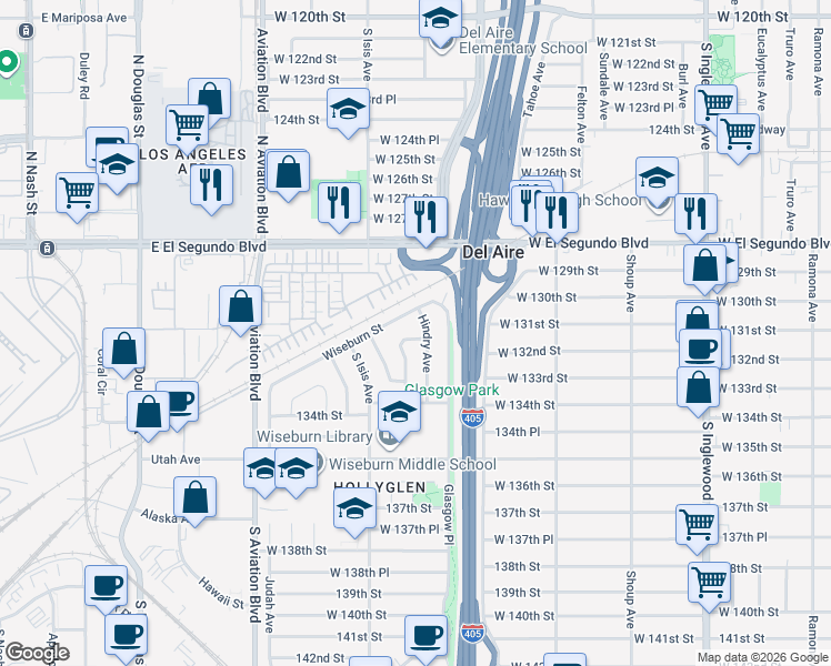 map of restaurants, bars, coffee shops, grocery stores, and more near 5307 132nd Street in Hawthorne