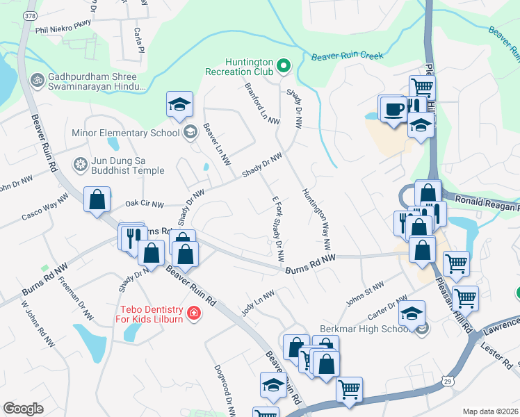 map of restaurants, bars, coffee shops, grocery stores, and more near 758 Oakview Court Northwest in Lilburn