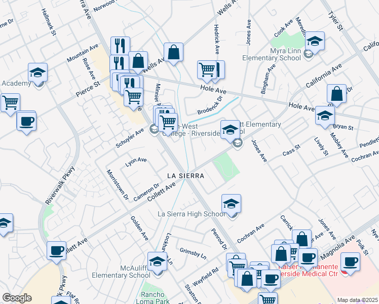 map of restaurants, bars, coffee shops, grocery stores, and more near 4384 Drexel Avenue in Riverside