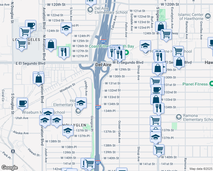 map of restaurants, bars, coffee shops, grocery stores, and more near 5156 West 131st Street in Hawthorne