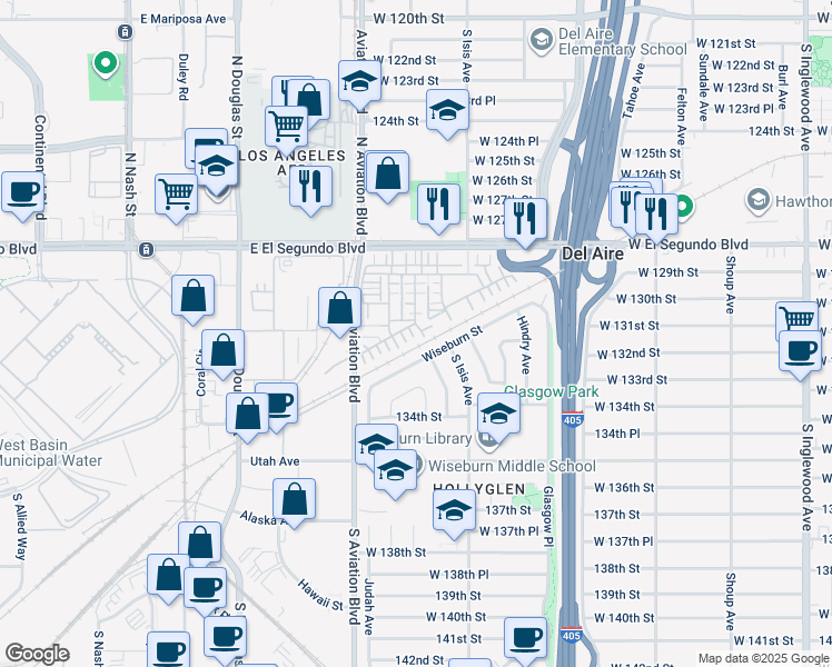map of restaurants, bars, coffee shops, grocery stores, and more near 5515 Palm Drive in Hawthorne