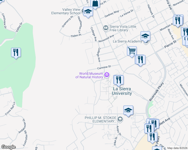 map of restaurants, bars, coffee shops, grocery stores, and more near 11768 Hazeldell Drive in Riverside