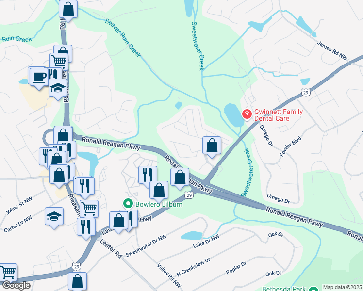 map of restaurants, bars, coffee shops, grocery stores, and more near 50 West Meadowlark Lane in Lawrenceville