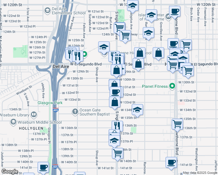 map of restaurants, bars, coffee shops, grocery stores, and more near 4818 West 131st Street in Hawthorne