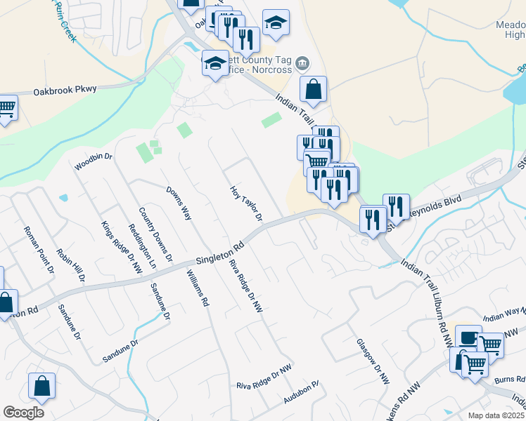 map of restaurants, bars, coffee shops, grocery stores, and more near 1328 Hoy Taylor Drive in Norcross