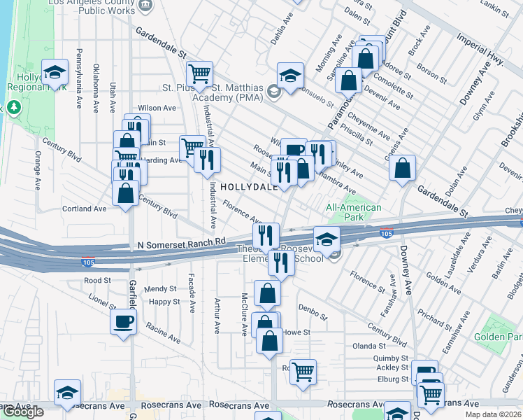 map of restaurants, bars, coffee shops, grocery stores, and more near 6142 Lincoln Avenue in South Gate