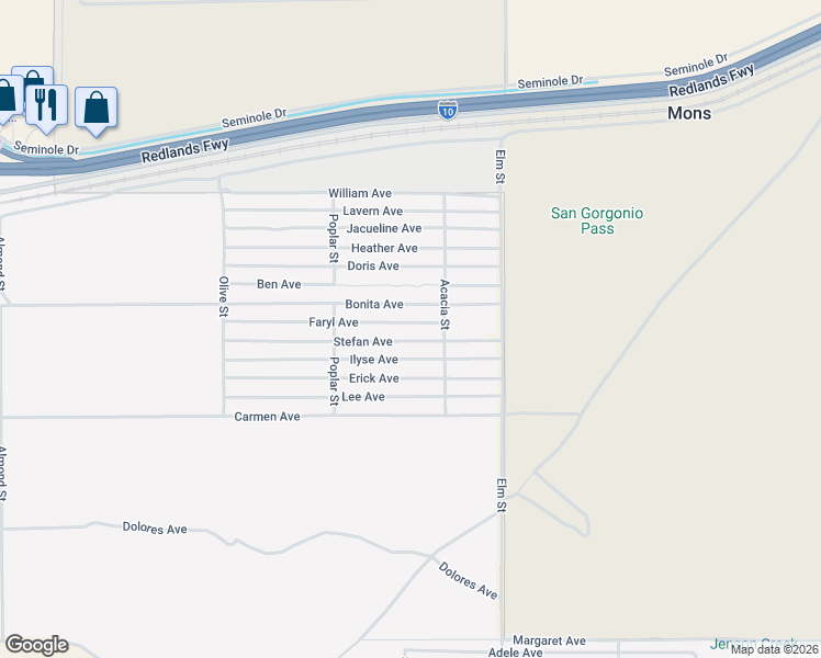map of restaurants, bars, coffee shops, grocery stores, and more near Faryl Avenue in Cabazon