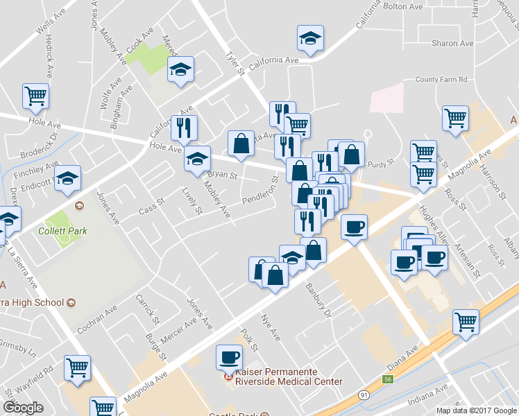 map of restaurants, bars, coffee shops, grocery stores, and more near 10409 Cochran Avenue in Riverside