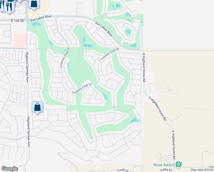 map of restaurants, bars, coffee shops, grocery stores, and more near 5188 Savannah Drive in Banning