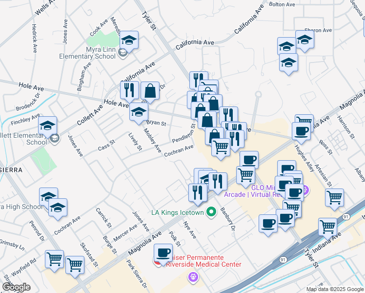 map of restaurants, bars, coffee shops, grocery stores, and more near 10409 Cochran Avenue in Riverside