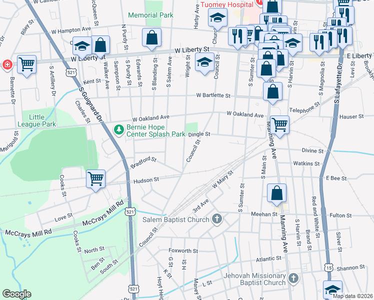 map of restaurants, bars, coffee shops, grocery stores, and more near 307 Wright Street in Sumter