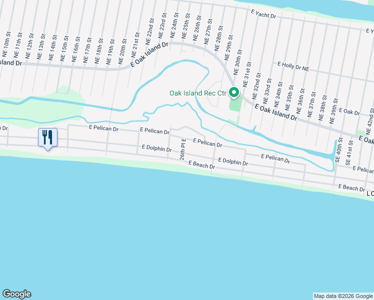 map of restaurants, bars, coffee shops, grocery stores, and more near 2604 East Dolphin Drive in Oak Island