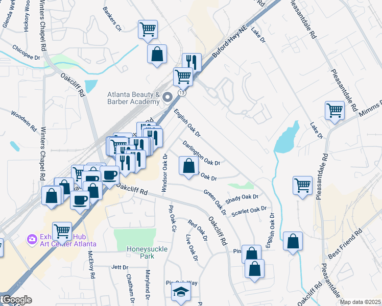 map of restaurants, bars, coffee shops, grocery stores, and more near 3169 Darlington Oak Drive in Doraville