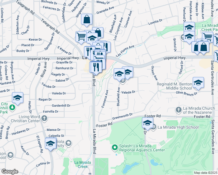 map of restaurants, bars, coffee shops, grocery stores, and more near 15105 Aloe Drive in La Mirada