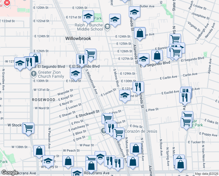 map of restaurants, bars, coffee shops, grocery stores, and more near 13034 South Penrose Avenue in Compton