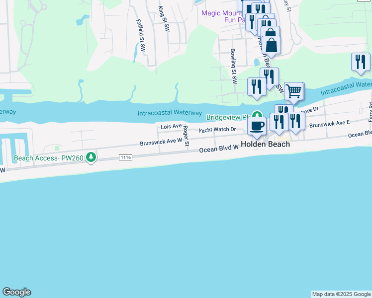 map of restaurants, bars, coffee shops, grocery stores, and more near 206 Ocean Boulevard West in Holden Beach