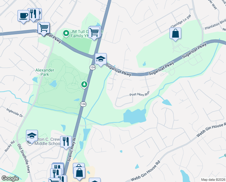 map of restaurants, bars, coffee shops, grocery stores, and more near 1290 Bridle Path Drive in Lawrenceville