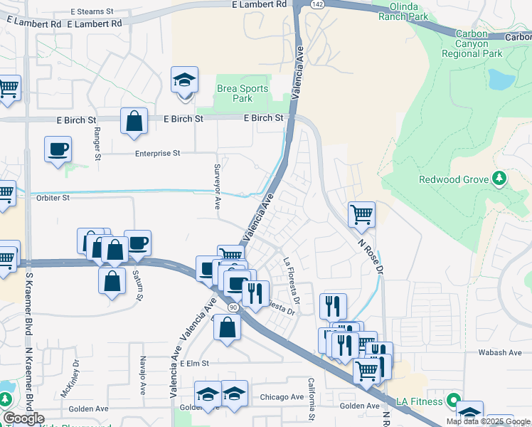 map of restaurants, bars, coffee shops, grocery stores, and more near 3373 Adelante Street in Brea