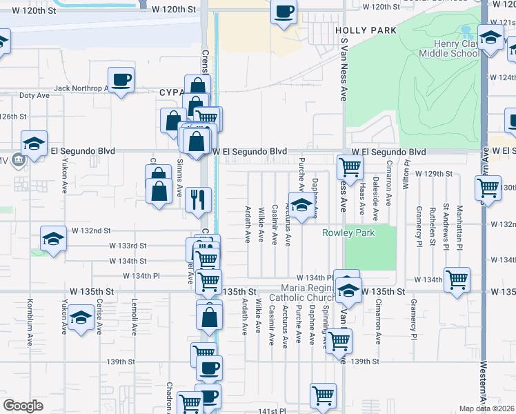 map of restaurants, bars, coffee shops, grocery stores, and more near in Gardena