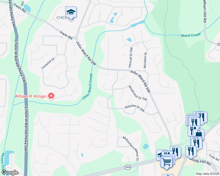 map of restaurants, bars, coffee shops, grocery stores, and more near 2100 Breconridge Drive South West in Marietta