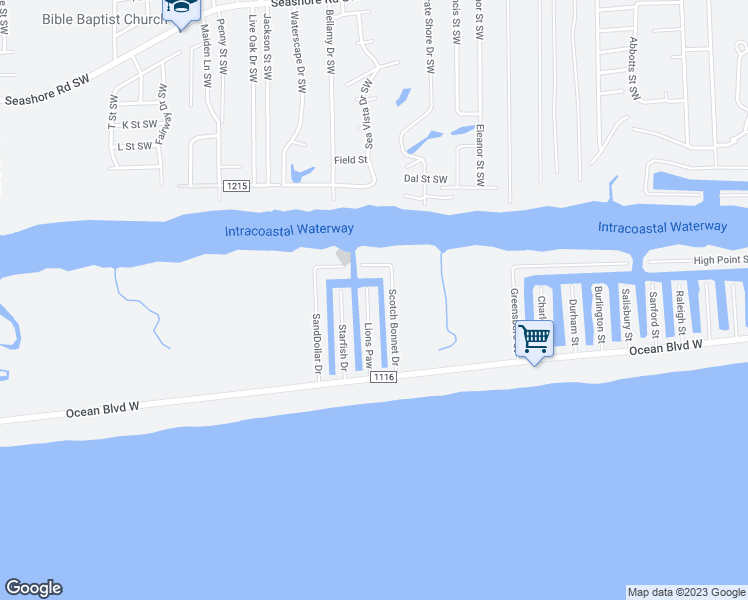 map of restaurants, bars, coffee shops, grocery stores, and more near 140 Lions Paw in Holden Beach