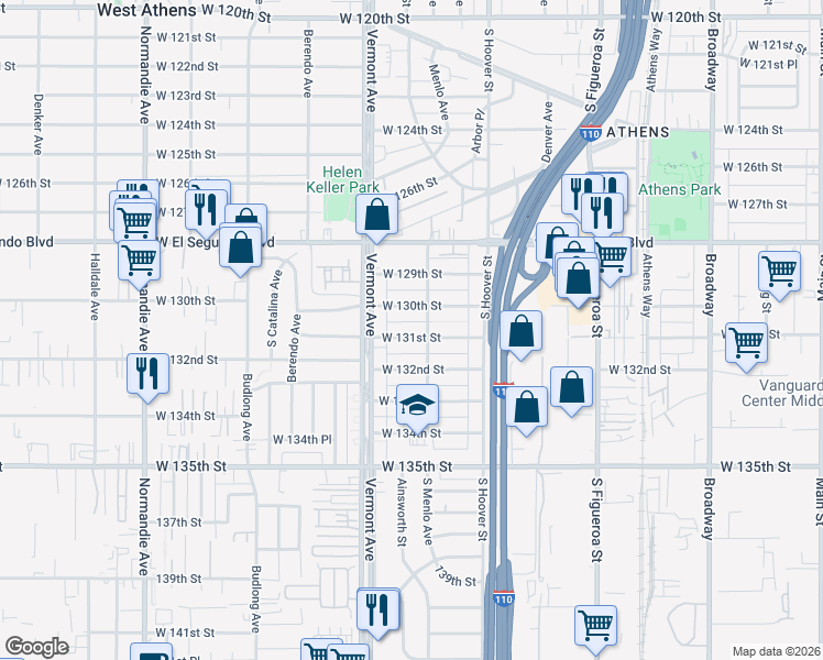 map of restaurants, bars, coffee shops, grocery stores, and more near 817 West 131st Street in Gardena