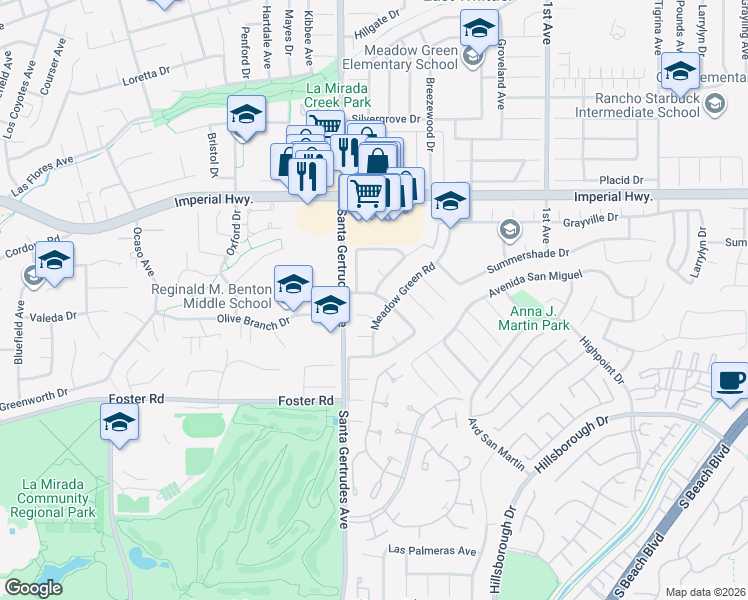 map of restaurants, bars, coffee shops, grocery stores, and more near 15838 Lawnhill Drive in La Mirada