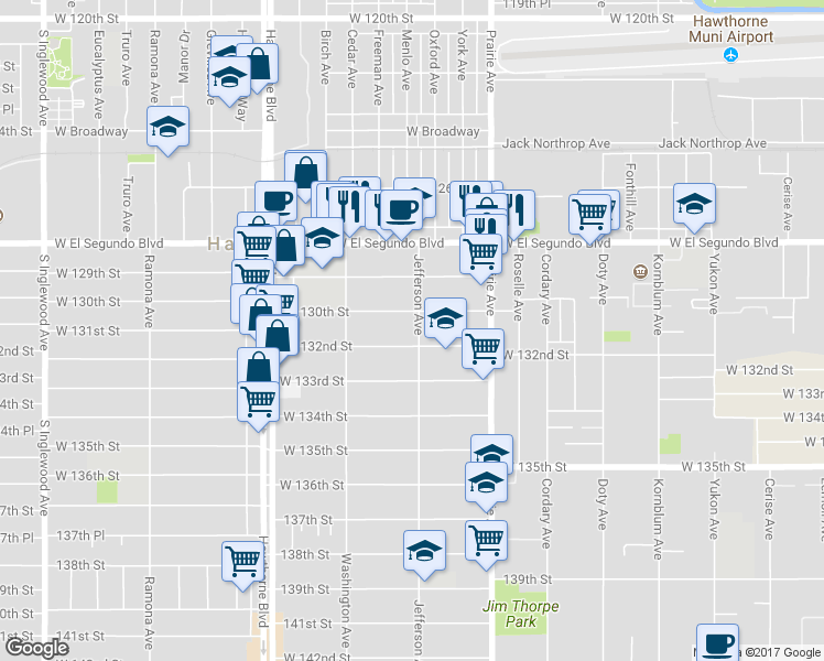 map of restaurants, bars, coffee shops, grocery stores, and more near 13101 Jefferson Avenue in Hawthorne