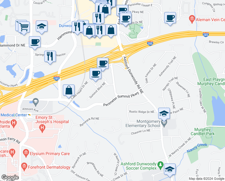 map of restaurants, bars, coffee shops, grocery stores, and more near 10 Perimeter Summit Boulevard Northeast in Atlanta