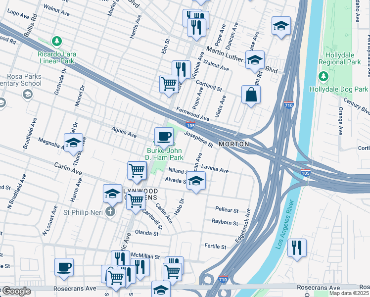 map of restaurants, bars, coffee shops, grocery stores, and more near 11835 Pope Avenue in Lynwood