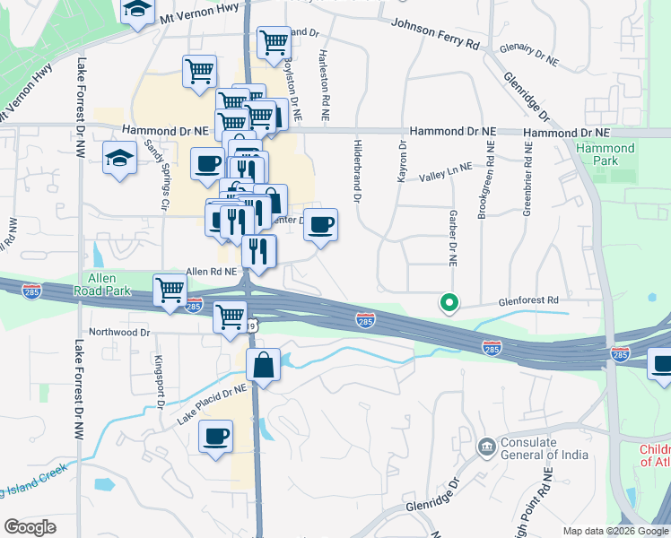 map of restaurants, bars, coffee shops, grocery stores, and more near 5795 Mountain Creek Road Northeast in Sandy Springs