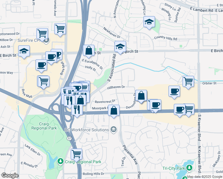 map of restaurants, bars, coffee shops, grocery stores, and more near 1946 Hillhaven Drive in Brea