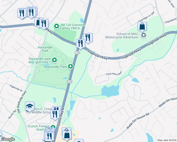 map of restaurants, bars, coffee shops, grocery stores, and more near 1016 Pike Forest Drive in Lawrenceville