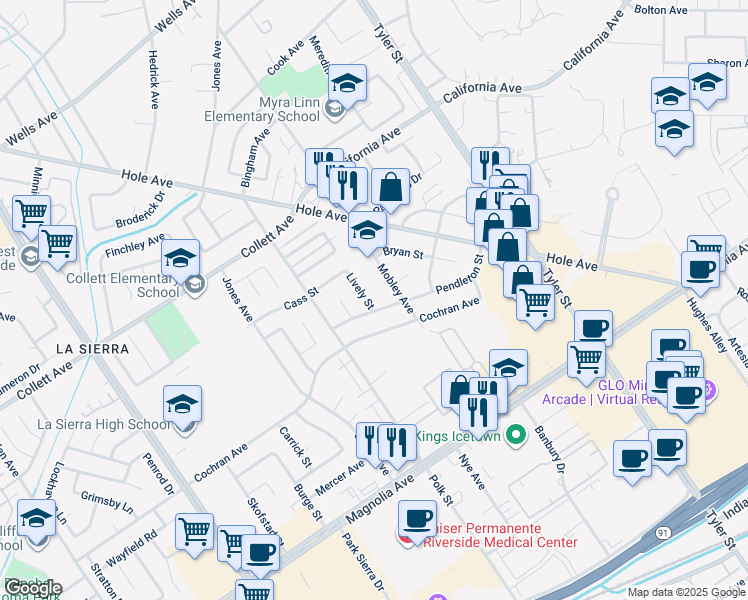 map of restaurants, bars, coffee shops, grocery stores, and more near 4051 Lively Street in Riverside